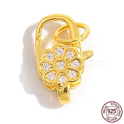 925 Sterling Silver Micro Pave Cubic Zirconia Lobster Claw Clasps, with Jump Ring, Flower, Real 18K Gold Plated, 12x7.5x3.5mm, Hole: 3.4mm(STER-Z005-07G)