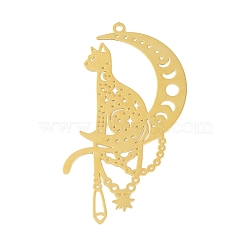 Brass Etched Metal Embellishments Big Pendants, Moon with Cat Shape, Real 18K Gold Plated, 51x30x0.3mm, Hole: 1.5mm(KK-Z058-02G)