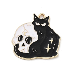 Halloween Alloy Enamel Pendants, Golden, Cat Shape, Skull, 25x25x1mm, Hole: 1.8mm(PALLOY-P301-01D-G)