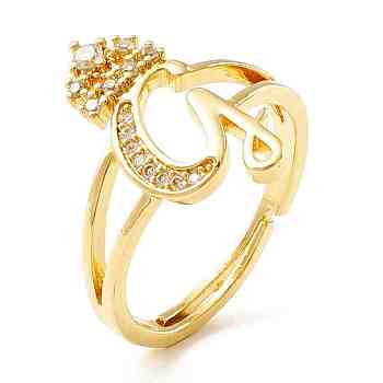 Clear Cubic Zirconia Initial Letter with Crown Adjustable Ring, Real 18K Gold Plated Brass Alphabet Ring for Women, Cadmium Free & Lead Free, Letter.G, US Size 6(16.5mm)