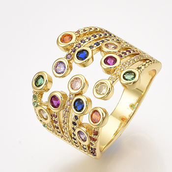 Brass Micro Pave Cubic Zirconia Cuff Rings, Open Rings, Colorful, US Size 7 1/4(17.5mm)