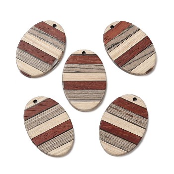 Wenge Wood & Sandalwood & White Ash Pendants, Oval Charms, Colorful, 38x26x3.5mm, Hole: 2mm