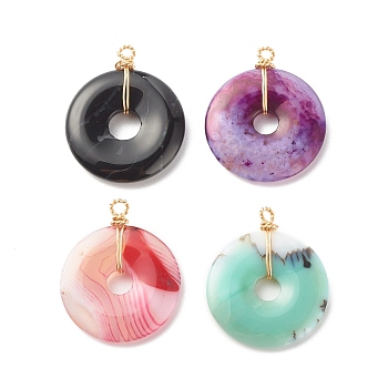Natural Striped Agate/Banded Agate Pendants, with Real 18K Gold Plated Copper Wire Wrapped, Dyed, Donut, Mixed Color, 35.5x30x4.5mm, Hole: 2.6mm