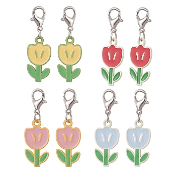 Tulip Alloy Enamel Pendant Decoraiton, with Alloy Lobster Claw Clasps, Mixed Color, 35mm, 8pcs/set