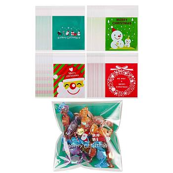 400Pcs 4 Styles Self-Adhesive Christmas Candy Bags, Plastic Bags, for Cookie Candy Chocolate Party Gift Supplies, Mixed Patterns, Mixed Color, 132x103mm