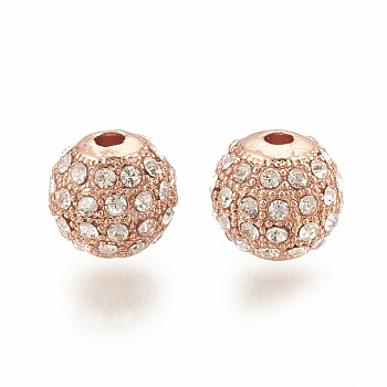 Alloy Bead, with Rhinestone, Round, Crystal, Rose Gold, 8x8mm, Hole: 1.5mm