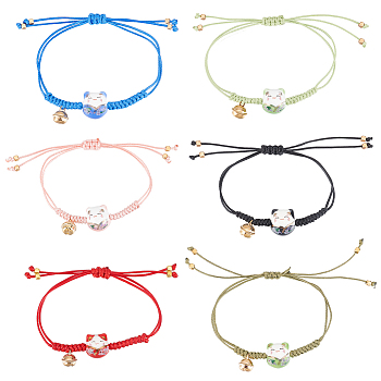 6Pcs 6 Colors Bell Charm Bracelets Set, Porcelain Cat Braided Beaded Adjustable Bracelets for Women, Mixed Color, Inner Diameter: 3/4~3-3/8 inch(2~8.5cm), 1Pc/color
