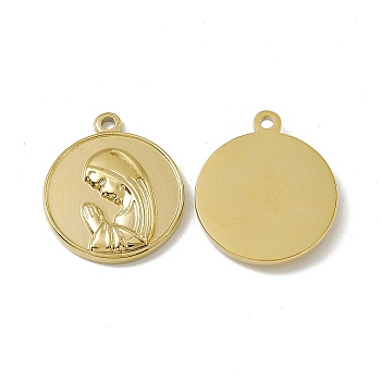 Vacuum Plating 201 Stainless Steel Pendants, Flat Round with Nun Charm, Real 18K Gold Plated, 23.5x20x3mm, Hole: 2mm