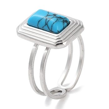 304 Stainless Steel Ring, Adjustable Synthetic Turquoise Rings, Rectangle, 12x16mm, Inner Diameter: Adjustable