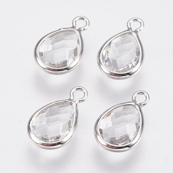 Glass Charms, with Brass Findings, Faceted Teardrop, Clear, Nickel Free, Real Platinum Plated, 12x7x3mm, Hole: 1.2mm