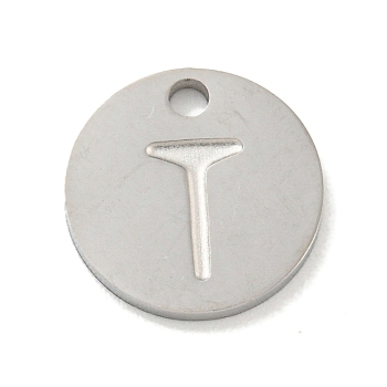 304 Stainless Steel Pendants, Laser Cut, Flat Round with Letter Charm, Stainless Steel Color, Letter T, 10x1mm, Hole: 1.4mm