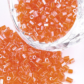 Grade A Glass Seed Beads, Hexagon(Two Cut), Transparent Colours Lustered, Dark Orange, 1.5~2.5x1.5~2mm, Hole: 0.8mm, about 2100pcs/bag, 450g/bag