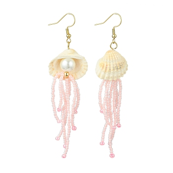 Natural Clam Shell Imitation Pearl Dangle Earrings, Glass Seed Bead Tassel Earrings for Women, Pink, 91x24mm