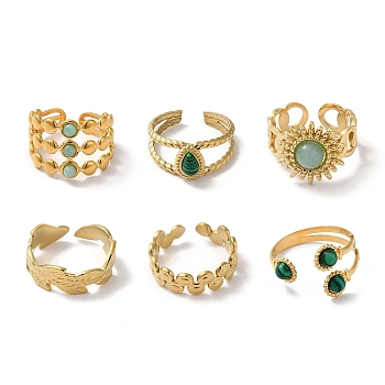 6Pcs 6 Style Leaf & Sun & Teardrop 304 Stainless Steel Open Cuff Rings Set, Synthetic Malachite & Natural Amazonite Stackable Rings, Real 18K Gold Plated, Inner Diameter: 16.7~18.2mm, 1Pc/style