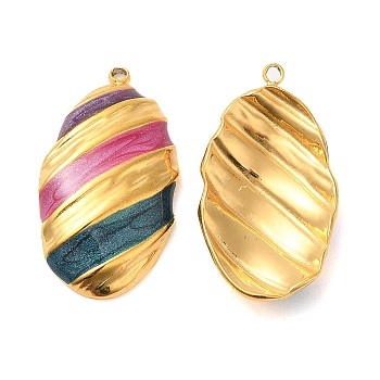 Enamel Pendants, with 304 Stainless Steel Finding, Real 18K Gold Plated, Oval Charm, Teal, 26.5x14.5x4mm, Hole: 1.4mm