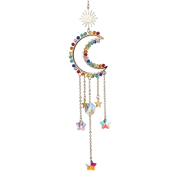 Glass Beads Wrapped Brass Moon Pendant Decooration, with Glass Star Charm for Hanging Suncatcher, Sun, Mixed Color, 219mm