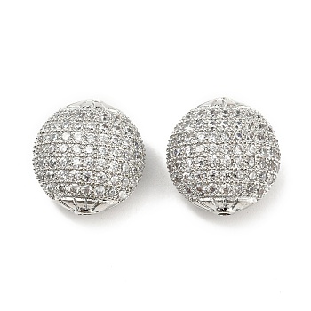 Brass Beads, with Clear Cubic Zirconia, Flat Round, Real Platinum Plated, 14.5~15x9mm, Hole: 1mm