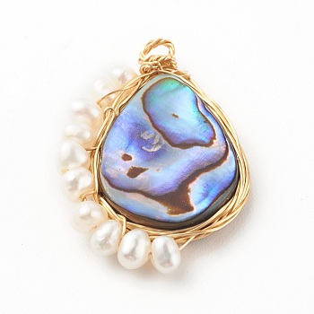 Teardrop Natural Paua Shell Pendants, Wire Wrapped Pendants, with Natural Cultured Freshwater Pearl Beads and Eco-Friendly Copper Wire, Real 18K Gold Plated, 27.5x18x3.5mm, Hole: 1.5mm
