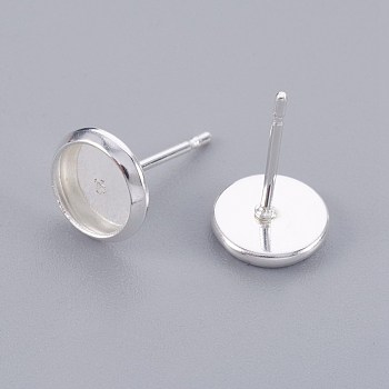 304 Stainless Steel Stud Earring Findings, Flat Round, Silver Color Plated, Tray: 6mm, 8x2mm, Pin: 0.8mm