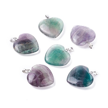 Natural Fluorite Pendants, with Platinum Tone Brass Findings, Heart, 27~28x24.5~26x6~8.5mm, Hole: 2.4x5.6mm