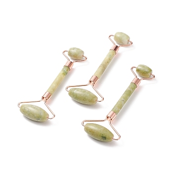Natural Lemon Jade Massage Tools, Facial Rollers, with Brass Findings, for Face, Eyes, Neck, Body Muscle Relaxing, Rose Gold, 137x39~59mm