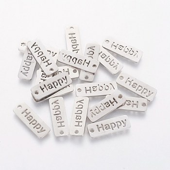 201 Stainless Steel Pendants, Rectangle with Word Happy, Stainless Steel Color, 17x6x1mm, Hole: 1.5mm