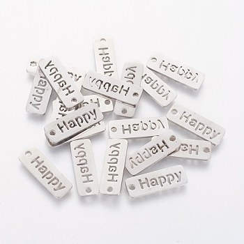 Non-Tarnish 201 Stainless Steel Pendants, Rectangle with Word Happy, Stainless Steel Color, 17x6x1mm, Hole: 1.5mm