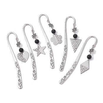 Star/Triangle/Heart 304 Stainless Steel Pendant Bookmarks, Flower Pattern Alloy Hook Bookmarks, with Natural Lava Rock, 117x21x2mm