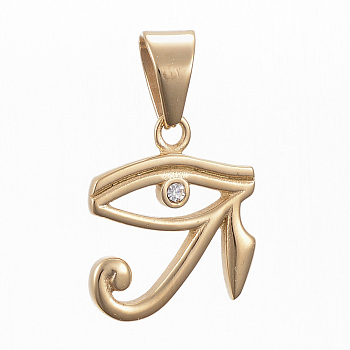 304 Stainless Steel Pendants, with Rhinestone, Eye of Ra/Re, Golden, 26x22.5x3.5mm, Hole: 11x8mm