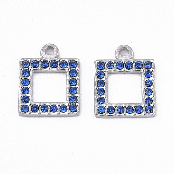 304 Stainless Steel Pendants, with Rhinestone, Square, Sapphire, 16.5x13x2mm, Hole: 1.6mm