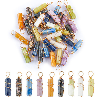 36Pcs 9 Styles Natural Mixed Stone Pendants, with Light Gold Tone Eco-Friendly Copper Wire Wrapped, Column, 20~21x5~5.5mm, Hole: 2.3~2.8mm, 4pcs/style