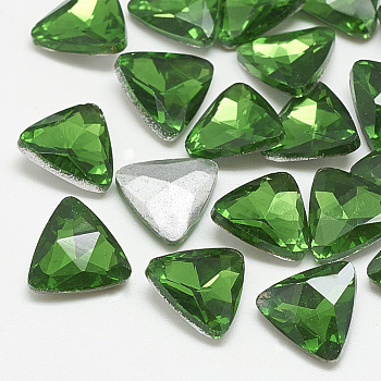 Pointed Back Glass Rhinestone Cabochons, Back Plated, Faceted, Triangle, Emerald, 9.5x10x4mm