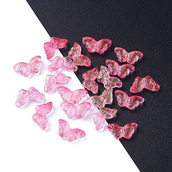Electroplate Transparent Glass Beads, with Glitter Powder, Butterfly, Hot Pink, 14.5x8x3.5mm, Hole: 0.8mm