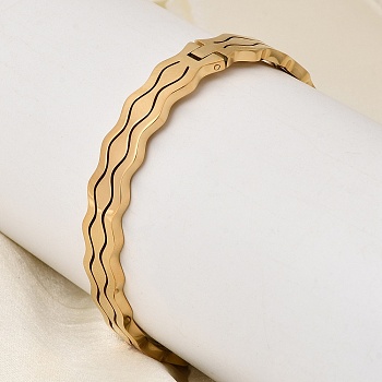 304 Stainless Steel Hinged Bangles, Wide Bangles for Women, Double Wave, Ion Plating(IP), Real 18K Gold Plated, Inner Diameter: 1.97 inch(5cm)x2.36 inch(6cm)