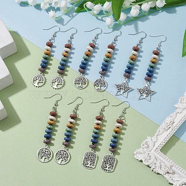 Colorful Natural Dyed Lava Rock Disc Beaded Dangle Earrings(EJEW-JE05617)-2
