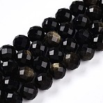 Natural Golden Sheen Obsidian Beads Strands, Round with Faceted, 9~10mm, Hole: 0.9mm, about 19~20pcs/strand, 7.40~7.80''(18.8~19.8cm)(G-S345-10mm-20)