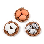 Opaque Resin Pendants, with Platinum Tone Iron Loops, Egg Nest with Eggs Charms, Mixed Color, 26.5x24.5x12.5mm, Hole: 2mm(RE-CBA19D0-02)