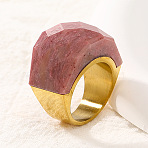 Fashionable 304 Stainless Steel & Natural Rhodonite Finger Rings, Real 18K Gold Plated, US Size 7(17.3mm)(FS-WG90577-25)