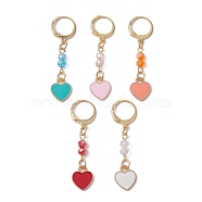 Alloy Enamel Heart Pendant Decoration, with Glass Beads and 304 Stainless Steel Leverback Earring Findings, Mixed Color, 42mm(HJEW-JM01489)