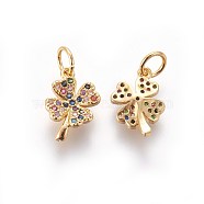 Brass Micro Pave Cubic Zirconia Charms, Four Leaf Clover, Colorful, Golden, 12x8x2.5mm, Hole: 3mm(ZIRC-E161-24G)