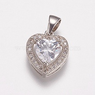 Brass Micro Pave Cubic Zirconia Charms, Heart, Clear, Platinum, 14x12x5mm, Hole: 3x5mm(ZIRC-E143-58B-P)