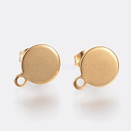 Ion Plating(IP) 304 Stainless Steel Stud Earring Findings, with Loop and Flat Plate, Flat Round, Golden, 12.5x10x0.8~1mm, Hole: 1.5mm, Pin: 0.8mm(STAS-K184-02-02G)