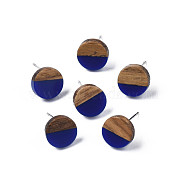 Opaque Resin & Walnut Wood Stud Earrings, with 316 Stainless Steel Pins, Flat Round, Dark Blue, 10mm, Pin: 0.7mm(EJEW-N017-008-B06)
