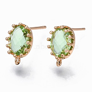 Brass Stud Earring Findings, with Glass and Loop, Long-Lasting Plated, Oval, Light Gold, Light Green, 11.5x7.5mm, Hole: 1mm, Pin: 0.7mm(KK-S365-004E)