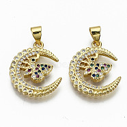 Brass Micro Pave Colorful Cubic Zirconia Pendants, Cadmium Free & Nickel Free & Lead Free, Moon with Butterfly, Real 16K Gold Plated, 20x16x3mm, Hole: 3x5mm(KK-S061-37G-NR)