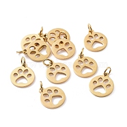 304 Stainless Steel Pendants, Flat Round with Dog Paw Prints, Golden, 14x12x1.1mm, Hole: 4mm(STAS-Q201-T455G)