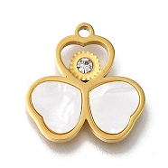 Acrylic Pendants, with Ion Plating(IP) 304 Stainless Steel Rhinestone Findings, Heart Clover Charm, Golden, 15x15.5x2.5mm, Hole: 1.4mm(STAS-M059-03G-02)