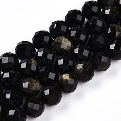 Natural Golden Sheen Obsidian Beads Strands, Round with Faceted, 9~10mm, Hole: 0.9mm, about 19~20pcs/strand, 7.40~7.80''(18.8~19.8cm)(G-S345-10mm-20)