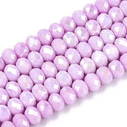 Anti-Tarnish Electroplate Rondelle Glass Beads Strands, Imitation Gemstone, AB Color Plated, Faceted, Plum, 5.5~6x3.2~4mm, Hole: 1mm, about 90~91pcs/strand, 15~15.16''(38.1~38.5cm)(EGLA-T021-6mm-17-01)