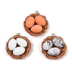 Opaque Resin Pendants, with Platinum Tone Iron Loops, Egg Nest with Eggs Charms, Mixed Color, 26.5x24.5x12.5mm, Hole: 2mm(RE-CBA19D0-02)